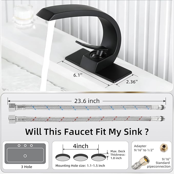 Matte Black Bathroom Sink Vanity Elegance Swan Faucet for 1 Hole with 6-Inch 3 Hole Deckplate,Rikaziya Bathroom Fixtures Faucets Pop Up Overflow Drain with 9/16" Supply Hose and to 1/2" Adapter Combo