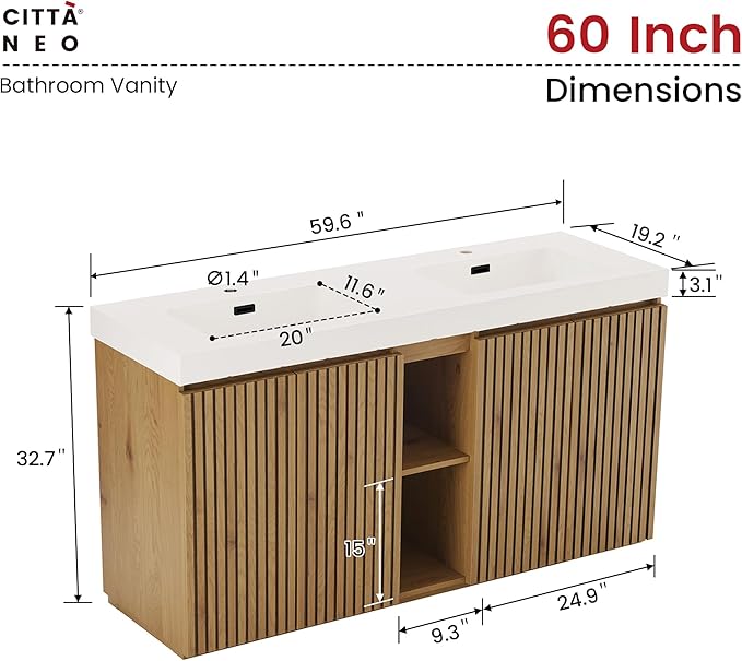 60" Bathroom Vanity with Double Sink, Freestanding Double Sink Bathroom Vanity with White Engineered Stone Top, Open Storage Cabinet & Adjustable Shelf, 4 Soft-Closing Doors, Light Oak