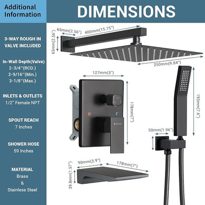 DASAN Tub Shower Faucets Sets Complete Matte Black Bathtub Shower System with Waterfall Tub Spout, Bathtub Faucet Set Tub and Shower Faucet Combo Trim Kit with Valve, DA-SS04MB-S10W