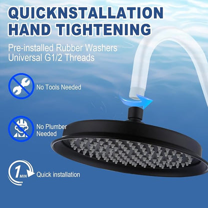 Matte Black 9 Inch Round Rain Shower Head, High Pressure Rainfall Showerhead Vintage Thickness Stainless Steel Shower Heads with Silicone Nozzle - Bath Modern Flexible Overhead