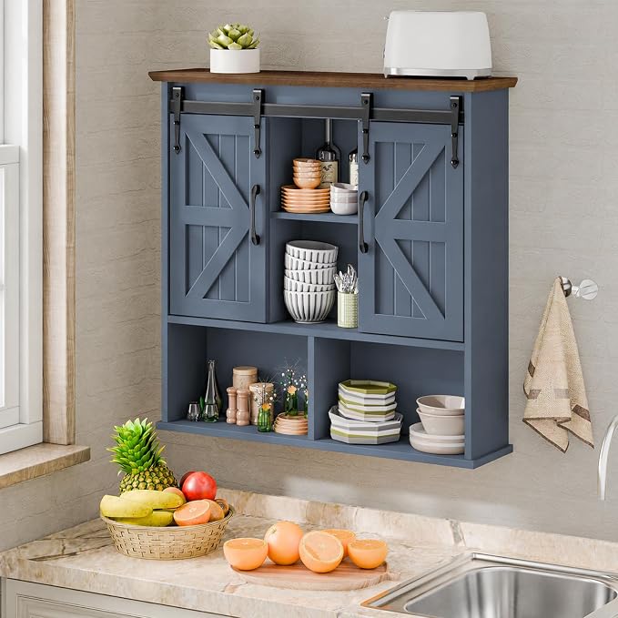 Vabches Bathroom Wall Cabinet, Farmhouse Medicine Cabinet, Navy Blue | Wooden Vintage Storage Cabinet Wall Mounted with Double Sliding Barn Door and Adjustable Shelf for Bathroom, Kitchen