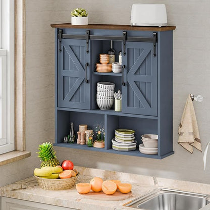 Vabches Bathroom Wall Cabinet, Farmhouse Medicine Cabinet, Navy Blue | Wooden Vintage Storage Cabinet Wall Mounted with Double Sliding Barn Door and Adjustable Shelf for Bathroom, Kitchen