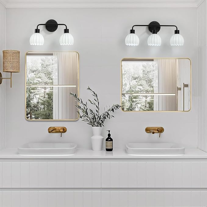 Black 3-Light Vanlity Light Over Mirror,Wall Sconces,Modern Bathroom Light Fixture with Milk White Glass Flower Shade,E26 Socket(Bulbs Not Included)