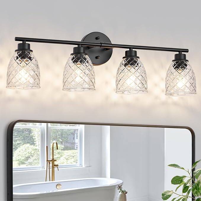 4-Light Vanity Light Over Mirror, Black Bathroom Light Fixtures | Modern Farmhouse Wall Sconces with Hammered Glass Lampshade for Kitchen Hallway Bedroom Living Room Cabinet Porch-27.5IN