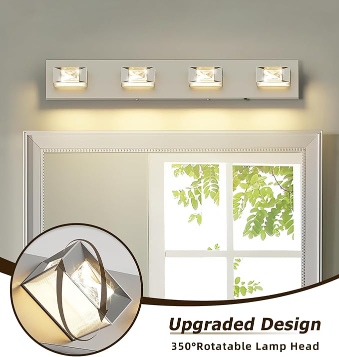 Joossnwell Brushed Nickel Bathroom Lights Fixtures Over Mirror (4-Light, 28-Inch) Crystal Vanity Light 5CCT Dimmable Modern Led Bathroom Lighting with 350°Rotatable Head