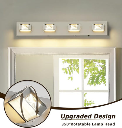 Joossnwell Brushed Nickel Bathroom Lights Fixtures Over Mirror (4-Light, 28-Inch) Crystal Vanity Light 5CCT Dimmable Modern Led Bathroom Lighting with 350°Rotatable Head