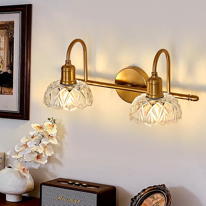 UOFUS Vintage Bathroom Light Fixtures Gold Bathroom Vanity Light Matte Antique Brass 2-Light Wall Sconces Lighting for Bedroom Living Room Hallway
