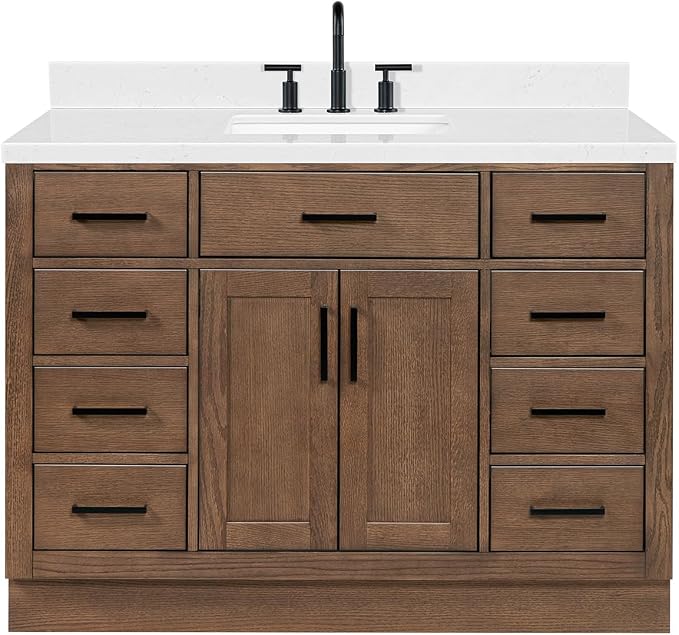 Isabella 48-Inch Brown Oak Single Bathroom Vanity with Sink, 1.5-Inch Edge Carrara White Quartz Countertop & 4" Backsplash, Soft-Closing Doors & Drawers, Solid Oak Wood Construction