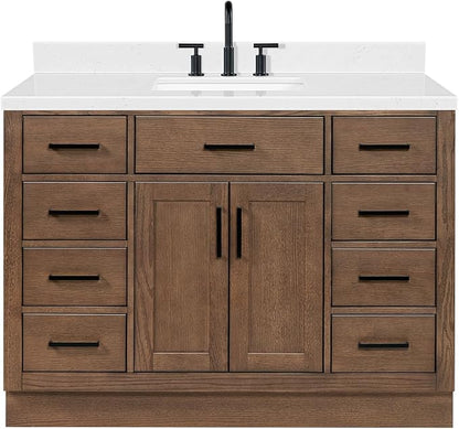 Isabella 48-Inch Brown Oak Single Bathroom Vanity with Sink, 1.5-Inch Edge Carrara White Quartz Countertop & 4" Backsplash, Soft-Closing Doors & Drawers, Solid Oak Wood Construction