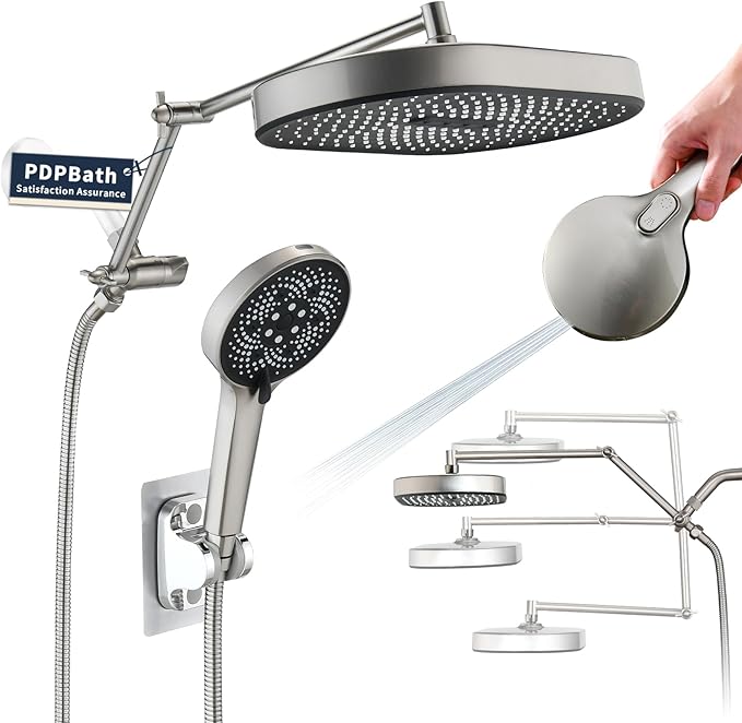 PDPBath 14 Inch Rain Shower Head with 5+1 Settings Handheld Spray Combo, High Pressure Rainfall Shower Head with 16'' Adjustable Extension Arm, 79" Extra Long Hose, 3-Way Diverter, Brushed Nickel