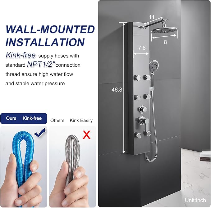 ROVATE Shower Panel Tower System 304 Stainless Steel, Shower Panel System with Adjustable Rainfall Shower Head, 6 Body Massage Jets and 5 Functions Handheld, Brushed Surface
