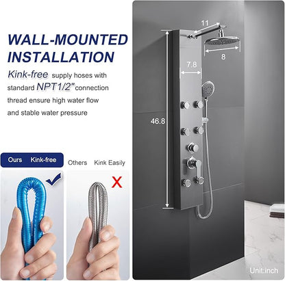 ROVATE Shower Panel Tower System 304 Stainless Steel, Shower Panel System with Adjustable Rainfall Shower Head, 6 Body Massage Jets and 5 Functions Handheld, Brushed Surface