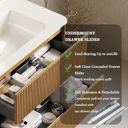 30" Floating Bathroom Vanity with Sink, Wall Mounted Modern Bathroom Cabinet with 2 Soft Close Drawers, Oak & Plywood, Pre-Assembled with Integrated Ceramic Basin – Bruges, Natural Wood