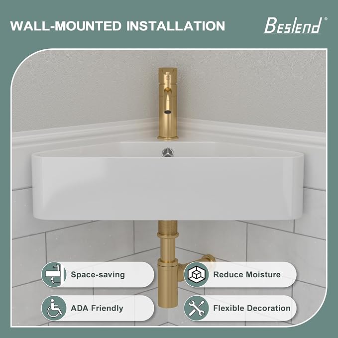 Corner Wall Mount Bathroom Sink | Beslend 21"x8" Inch White Ceramic Vessel Sink, Triangle Corner Sinks Art Basin with Overflow and Single Hole