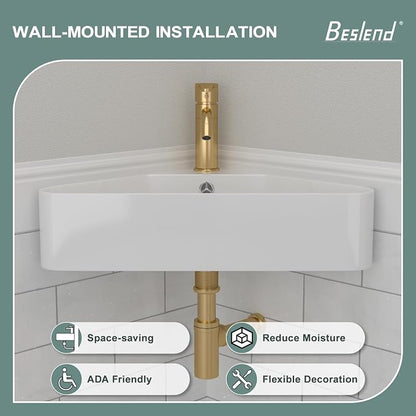 Corner Wall Mount Bathroom Sink | Beslend 21"x8" Inch White Ceramic Vessel Sink, Triangle Corner Sinks Art Basin with Overflow and Single Hole