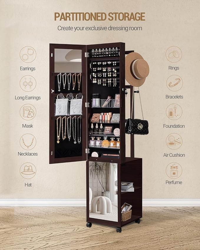 Hzuaneri 8 LEDs Jewelry Cabinet Armoire, 66.9-inch Jewelry Organizer | Lockable Full-length Mirror with Garment Rack & 4 Wheels, Storage Shelves with Hooks, 5-in-1, Brown JC17019B