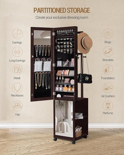 Hzuaneri 8 LEDs Jewelry Cabinet Armoire, 66.9-inch Jewelry Organizer | Lockable Full-length Mirror with Garment Rack & 4 Wheels, Storage Shelves with Hooks, 5-in-1, Brown JC17019B
