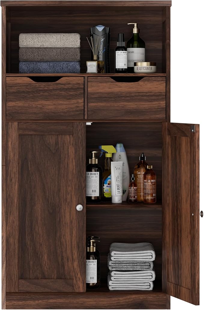 Walsunny Floor Storage Cabinet, Organizer with Doors and Drawers, Freestanding Side Cupboard Pantry with Adjustable Shelf for Bathroom/Living Room, Walnut Brown