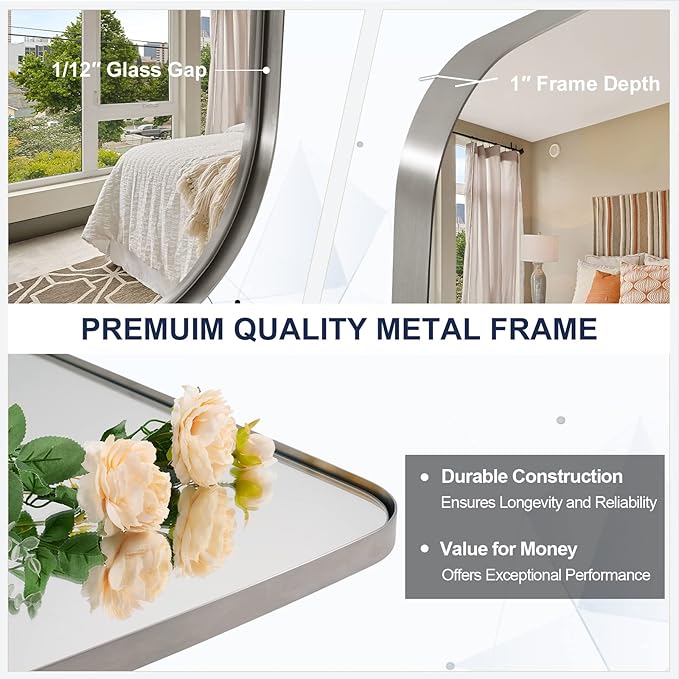 Brushed Nickel Bathroom Mirror, 32x48 Oblong Mirror with Stainless Steel Metal Frame, Silver Oval Vanity Mirror for Over Sink, Modern Anti Rust Wall Mounted