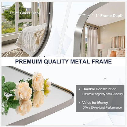 Brushed Nickel Bathroom Mirror, 32x48 Oblong Mirror with Stainless Steel Metal Frame, Silver Oval Vanity Mirror for Over Sink, Modern Anti Rust Wall Mounted