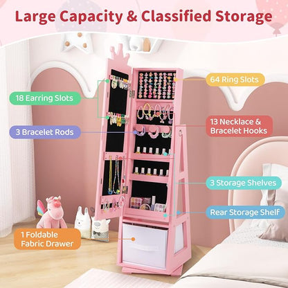 CHARMAID 360° Swivel Kids Jewelry Cabinet, 47" Full Length Mirror with Jewelry Storage, Jewelry Armoire with Drawer and Back Shelf, Kids Vanity Dressing Mirror Jewelry Organizer for Girls (Pink)