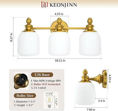 Keonjinn Gold Bathroom Light Fixtures, 3-Light Vintage Vanity Lights for Mirror with Frosted Glass Shades, UL Listed E26 Base(Bulbs Not Included), Reversible Vanity Lighting Fixtures for Bathroom