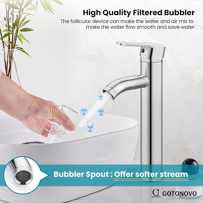 gotonovo Modern Vessel Sink Faucet with ABS Pop Up Drain, Polish Chrome | Modern Tall Bathroom Faucet 1 Hole Single Handle Round Body, cUPC Water Supply Hoses, Basin Mixer Tap for Vanity Lavatory Rv