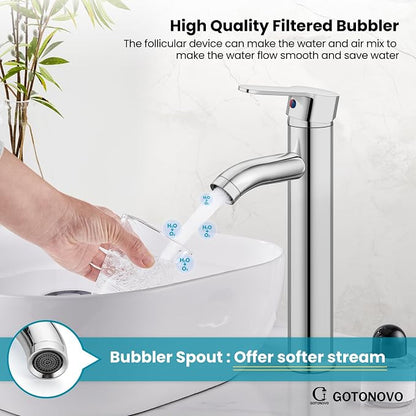 gotonovo Modern Vessel Sink Faucet with ABS Pop Up Drain, Polish Chrome | Modern Tall Bathroom Faucet 1 Hole Single Handle Round Body, cUPC Water Supply Hoses, Basin Mixer Tap for Vanity Lavatory Rv