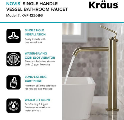 KRAUS Ramus Single Handle Vessel Sink Bathroom Faucet with Pop-Up Drain in Brushed Gold, KVF-1220BG-2PK