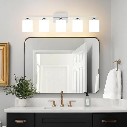 Quntis 5-Light Bathroom Light Fixtures Over Mirror 5 Colors Adjustable, LED Bathroom Vanity Light with Milky White Frosted Glass Shade, Lights for Bathroom Energy-Saving, 35.8 inch