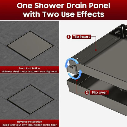 DLONE® Shower Drain | 6 Inch Gun Gray with Tile Insert Panel | Square Shower Drain, with Hair Catcher, Shower Floor Drain Fits Bathroom & Balcony etc