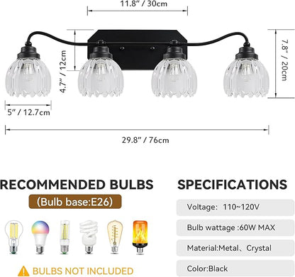 Vintage Bathroom Light Fixtures, 4 Light Bathroom Vanity Light, Black Matte Antique Brass Finish with Crystal Glass Shade, Mid Century Wall Sconces for Bedroom, Living Room, Hallway