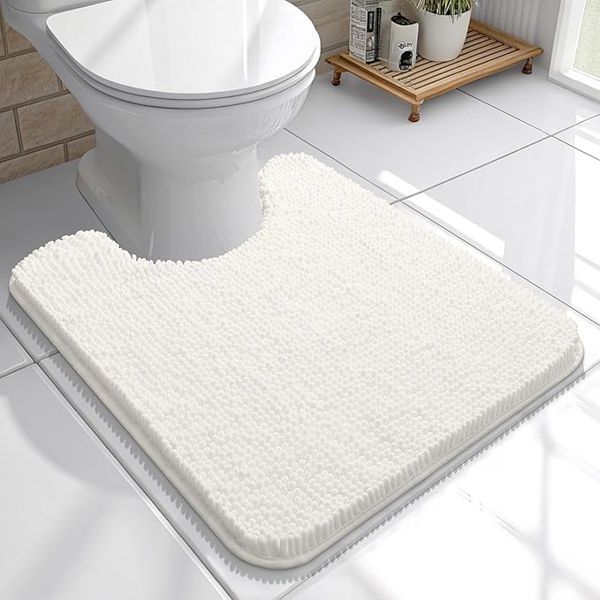 OLANLY Toilet Rugs U-Shaped 20x20, Soft Absorbent Chenille Contour Rugs | Ivory, Quick-Drying Rubber Backing, Machine Washable Non-Slip Shaggy Bathroom Mat for Toilet, Home Decor Accessories
