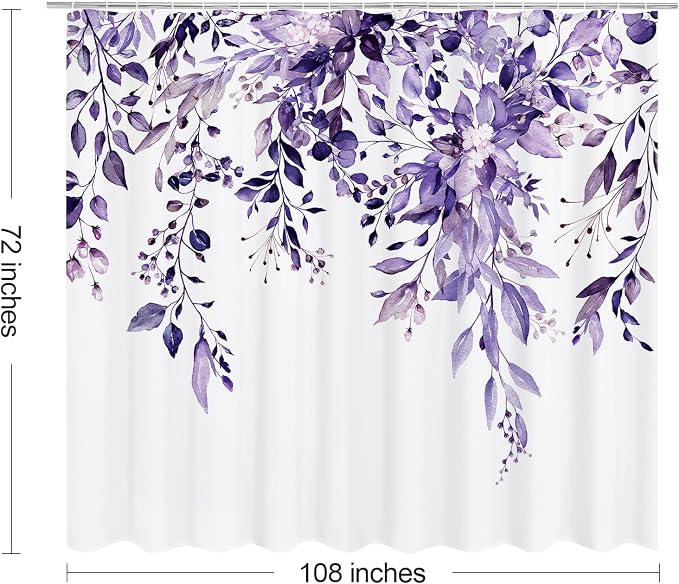 Purple Eucalyptus Shower Curtain, Watercolor Floral Print, 108x72 | Watercolor Plant Leaves Floral Print, Waterproof Fabric Bathroom Decor, Machine Washable, Rustproof Grommets