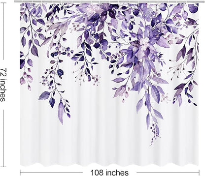 Purple Eucalyptus Shower Curtain, Watercolor Floral Print, 108x72 | Watercolor Plant Leaves Floral Print, Waterproof Fabric Bathroom Decor, Machine Washable, Rustproof Grommets