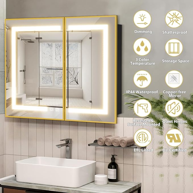 ROOMTEC 36 x 30 Inch Medicine Cabinet Mirror with LED Lights, Gold Bathroom Medicine Cabinet with Mirror and Storage, Recessed or Wall Mount, 3 Color Temperature, Dimmable Light
