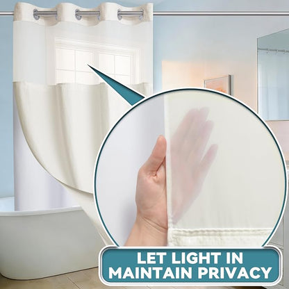 Conbo Mio Stall No Hook Waffle Weave Shower Curtain with Snap in Liner Set, Hotel Luxury Beige Shower Curtains for Bathroom with See Through Top Window, Waterproof, Washable 36W x 74H