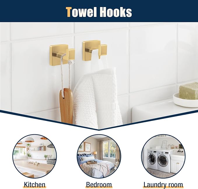 10 Pcs Gold Bathroom Hardware Accessories Set 23.6 Inch Wall Mounted | Bath Towel Bar Kit with Square Towel Racks Ring and Towel Hooks, Paper Holder, 304 Stainless Steel