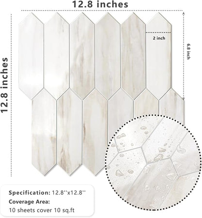 Vamos Tile Glossy Wood Marble Grain Backsplash Tile Peel and Stick, 12.8 x 12.8 Inch 10 Sheets Long Hexagon PVC Self Adhesive Mosaic Wall Tiles Stick on Backsplash for Kitchen and Bathroom