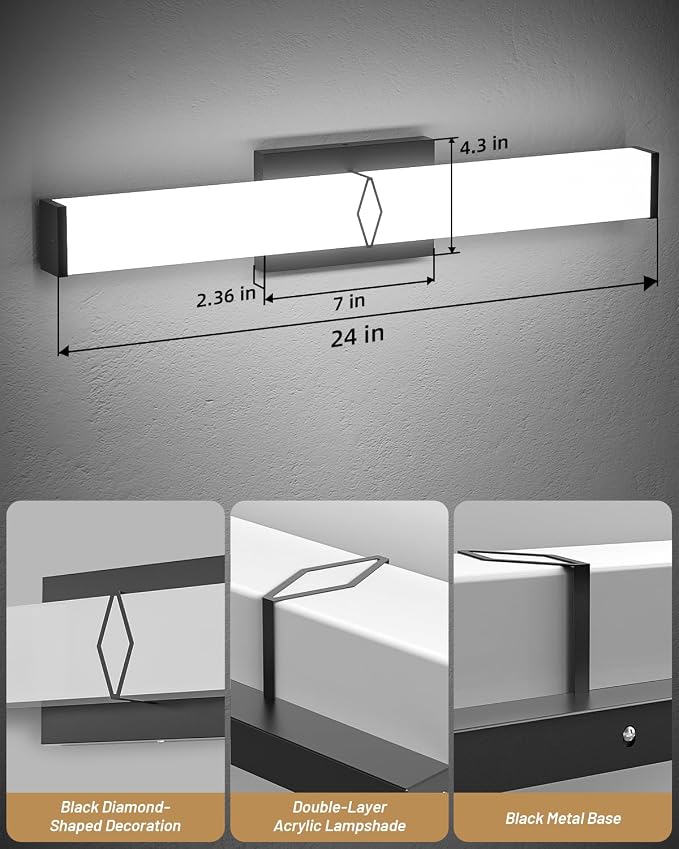 LED Bathroom Vanity Light,24inch Dimmable,25W 2700LM,5CCT,ETL,BK | Integrated LED Modern Bathroom Light Fixtures,Matte Black Vanity Lighting Fixture Over Mirror,Wall Lights,ETL Certified