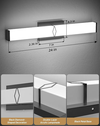 LED Bathroom Vanity Light,24inch Dimmable,25W 2700LM,5CCT,ETL,BK | Integrated LED Modern Bathroom Light Fixtures,Matte Black Vanity Lighting Fixture Over Mirror,Wall Lights,ETL Certified