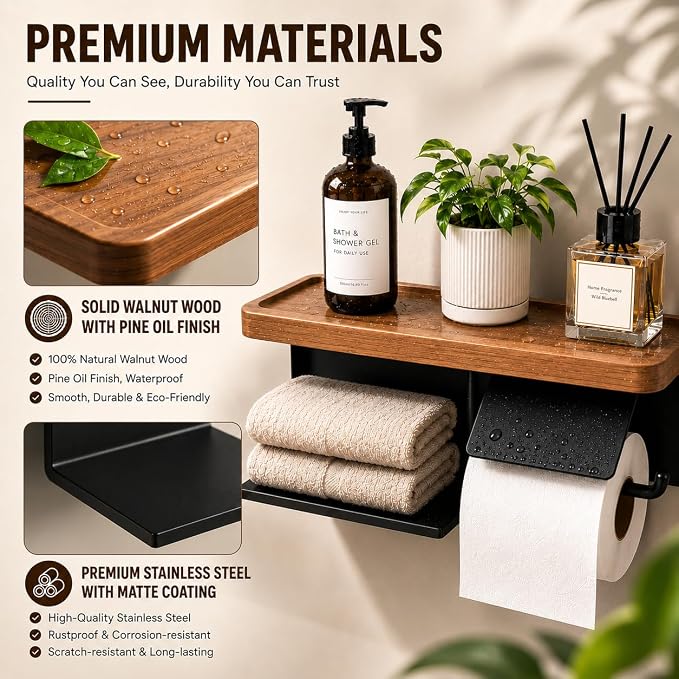 Toilet Paper Holder with Wide Solid Wood Shelf, Wall Mounted Matte Black | 16" X 5.3" Double Roll Holder Fits Phone & Large Wipes Storage | Rust-Resistant for Rustic Farmhouse Bathrooms Organizer