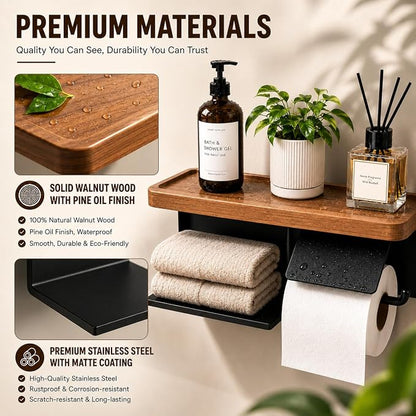 Toilet Paper Holder with Wide Solid Wood Shelf, Wall Mounted Matte Black | 16" X 5.3" Double Roll Holder Fits Phone & Large Wipes Storage | Rust-Resistant for Rustic Farmhouse Bathrooms Organizer