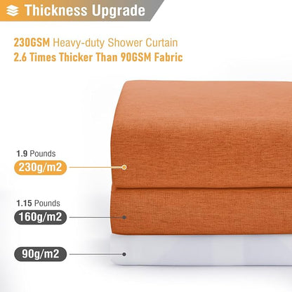 Long Linen Textured Waterproof Shower Curtain Set, 72x84, Burnt Orange | Tall Size, 230GSM Polyester, Heavy Duty Cloth, Weighted Hem, 12 Plastic Hooks, Modern Luxury Hotel Style, Machine Washable