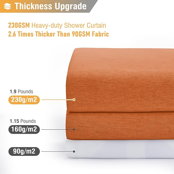Extra Long Linen Textured Waterproof Shower Curtain, 72x96, Orange | Extra Tall Size, 230GSM Polyester, Heavy Duty Cloth, Weighted Hem, 12 Plastic Hooks, Modern Hotel Style, Machine Washable