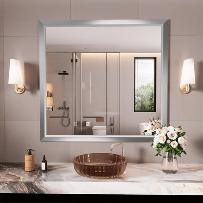 Bathroom Mirror for Wall, 40x38 Inch (Brushed Silver) | HD Reflection, Tempered Glass, Thick Metal Framed Rectangle Mirrors for Over Sink, Bedroom, Living Room, Entryway, Anti-Rust.