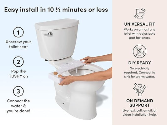 TUSHY Basic 2.0 Bidet Toilet Seat Attachment | Warm-Water Optional. Modern Sleek Design. Fresh Clean Water Sprayer (Non-Electric Self Cleaning Adjustable Nozzle), (Pink/White)