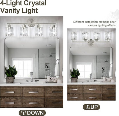 Crystal Bathroom Light Fixtures, Bathroom Lighting Fixtures Over Mirror, Modern 4-Light Brushed Nickel Vanity Lights for Mirror, Restroom, Kitchen(Ceramic E26 Socket,Bulbs Not Include)