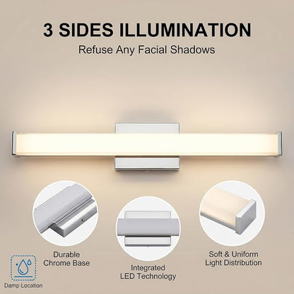 URSOLA 24" Modern LED Bathroom Light Fixtures, Chrome 3CCT Dimmable Bathroom Vanity Light Over Mirror, Bathroom Vanity Bath Bar Lights with Double Layer Acrylic Shade