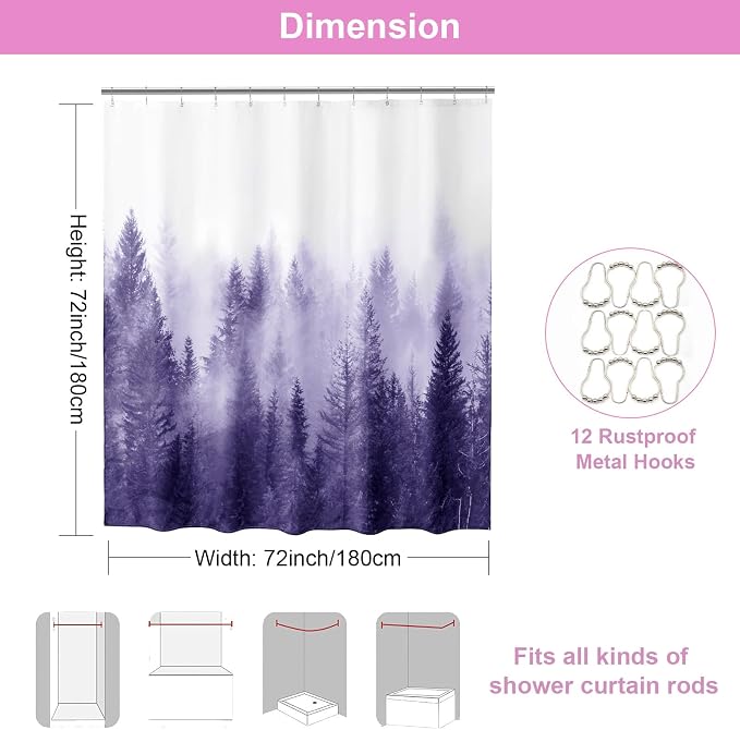 ORTIGIA Purple Misty Forest Shower Curtain for Bathroom, Nature Woodland Shower Curtain Set with Hooks, Decorative Pine Tree Fog Magic Bath Curtain for Home, Waterproof Fabric, Weighted, 72x72